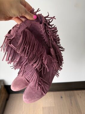 Fringed Suede Ankle Boots - Plum